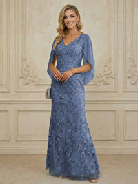 Mermaid V Neck Cape Sleeve Lace Applique Floor Length Mother of the Bride Dresses