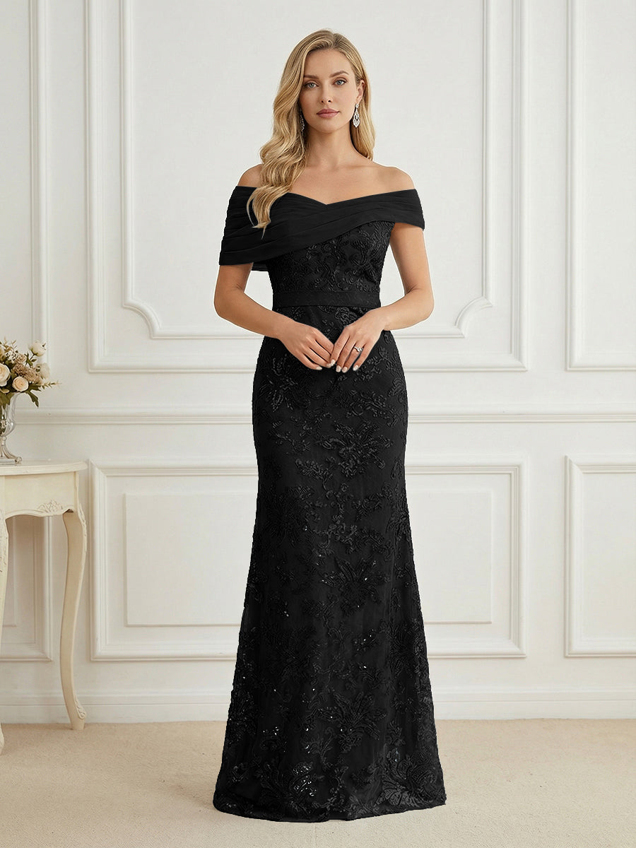 Shirees Black Mermaid Off Shoulder Short Sleeve Long Elegant Mother of the Bride Dresses with Sequin 2026 Shirees Black Mermaid Off Shoulder Short Sleeve Long Elegant Mother of the Bride Dresses with Sequin 2026