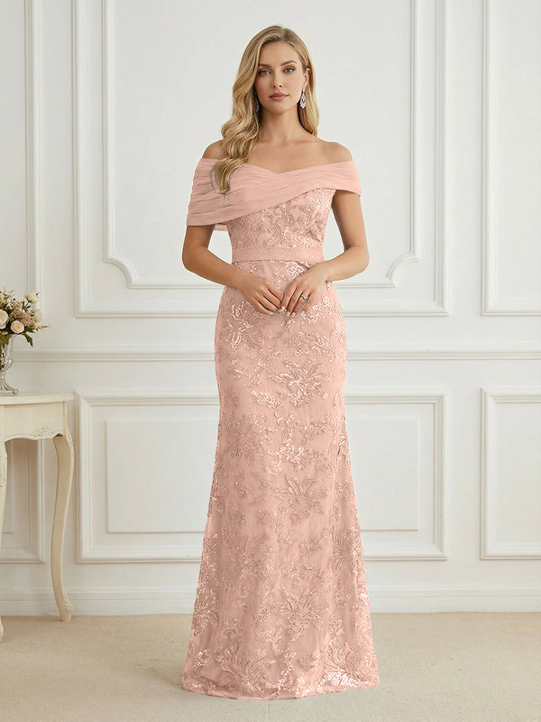 Mermaid Off Shoulder Short Sleeve Long Elegant Mother of the Bride Dresses with Sequin