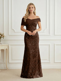 Mermaid Off Shoulder Short Sleeve Long Elegant Mother of the Bride Dresses with Sequin