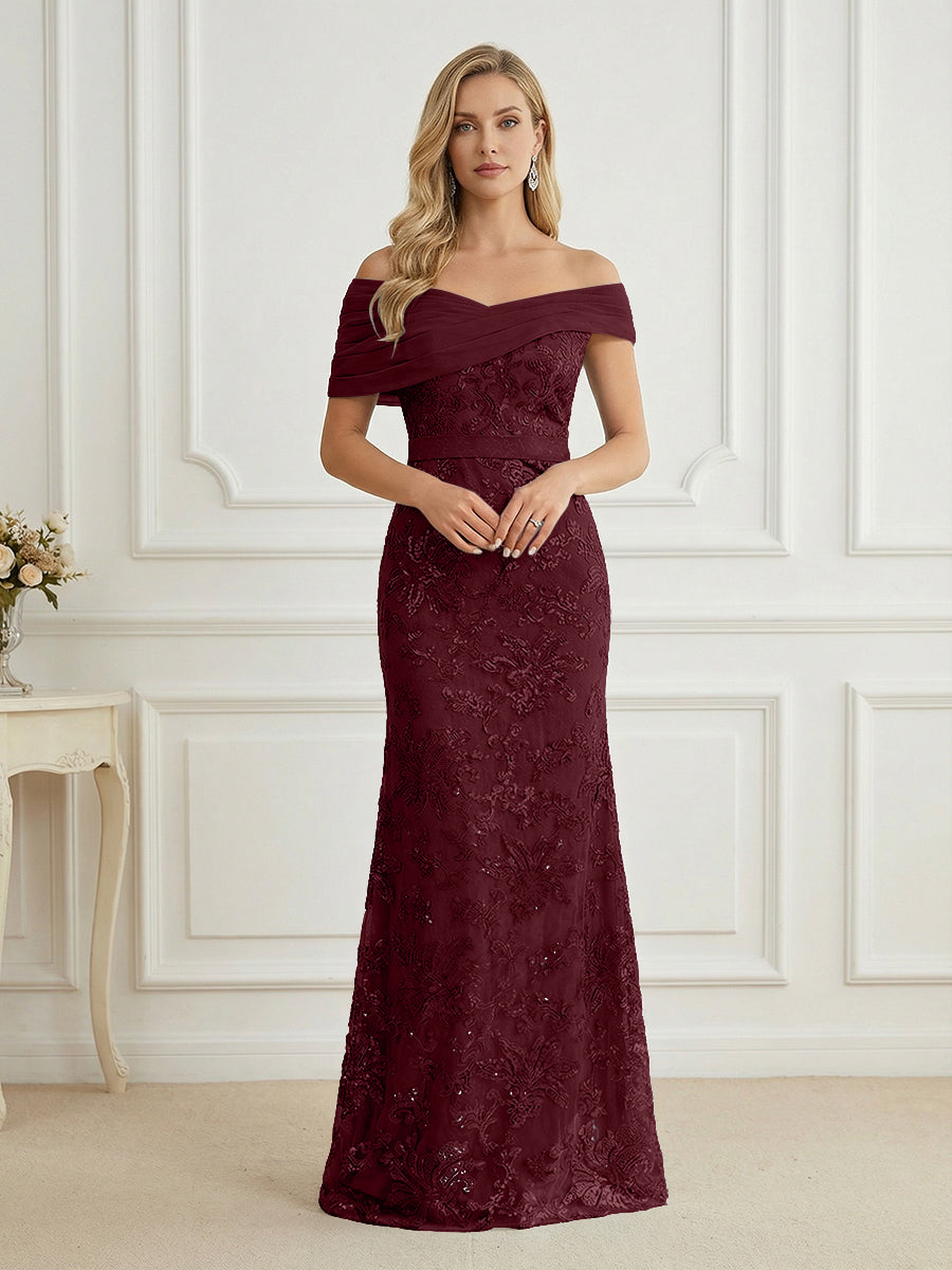 Mermaid Off Shoulder Short Sleeve Long Elegant Mother of the Bride Dresses with Sequin