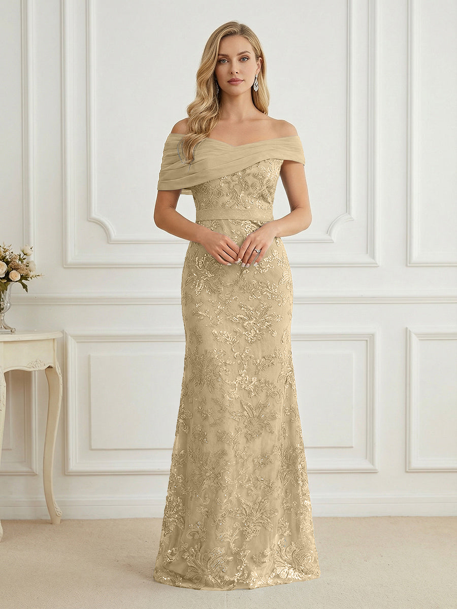 Mermaid Off Shoulder Short Sleeve Long Elegant Mother of the Bride Dresses with Sequin