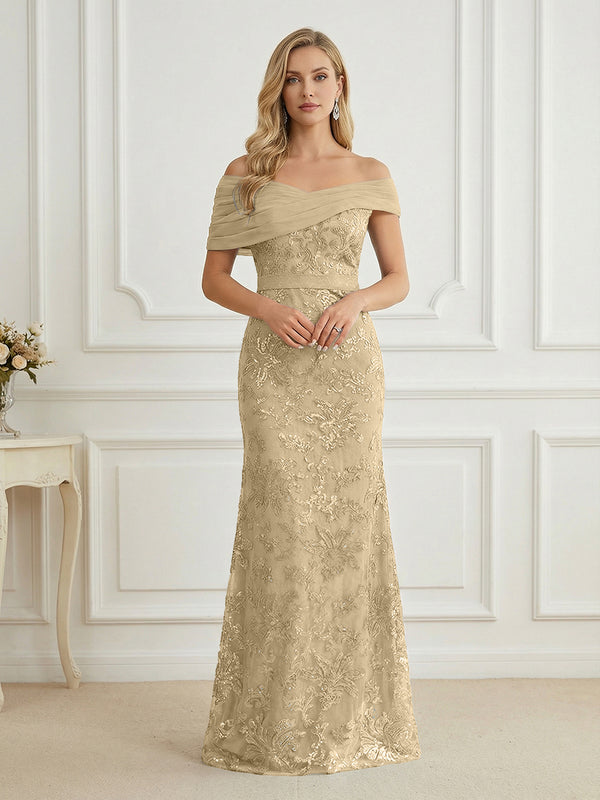 Mermaid Off Shoulder Short Sleeve Long Elegant Mother of the Bride Dresses with Sequin