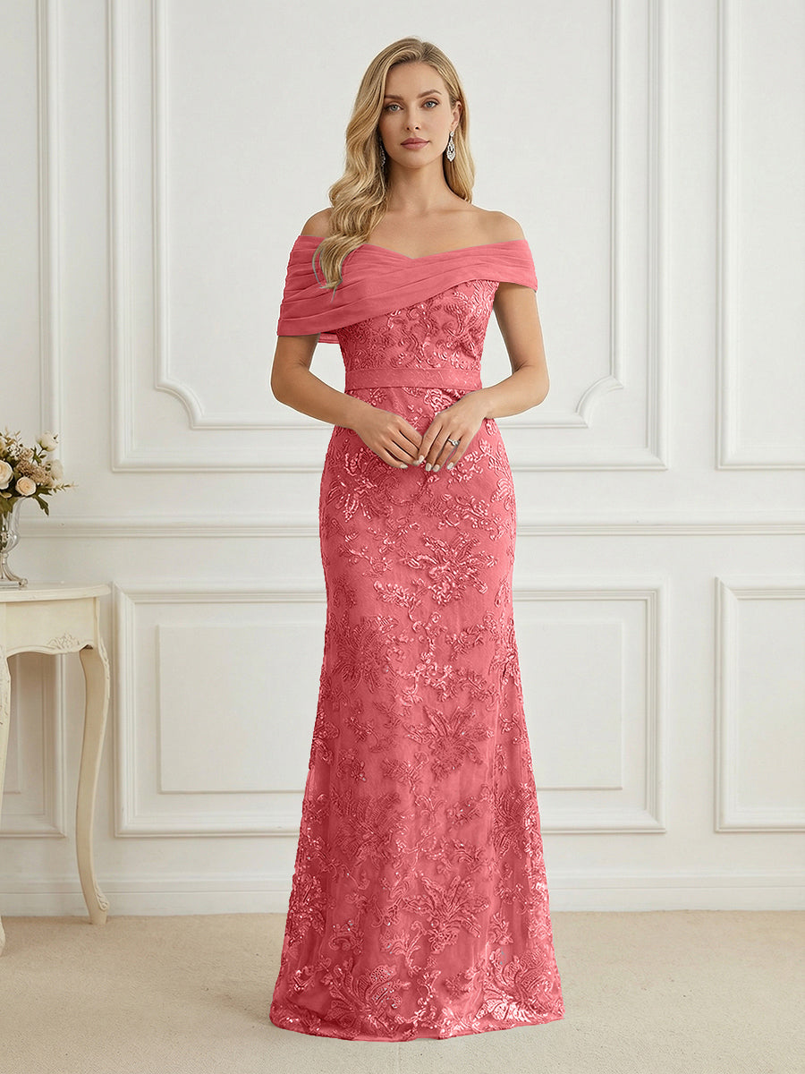 Shirees Coral Mermaid Off Shoulder Short Sleeve Long Elegant Mother of the Bride Dresses with Sequin 2026 Shirees Coral Mermaid Off Shoulder Short Sleeve Long Elegant Mother of the Bride Dresses with Sequin 2026