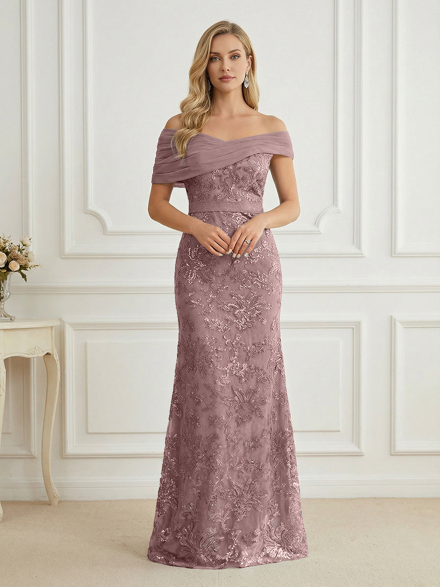 Mermaid Off Shoulder Short Sleeve Long Elegant Mother of the Bride Dresses with Sequin