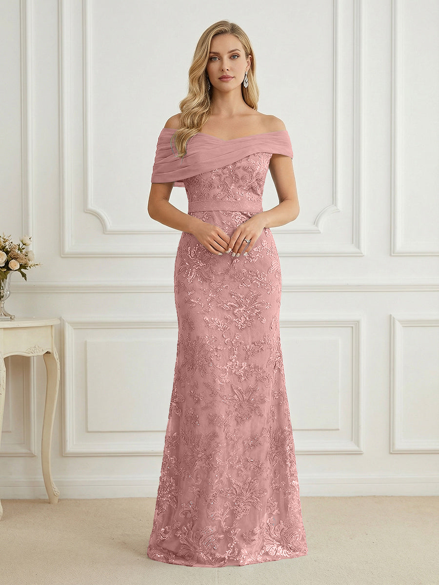 Mermaid Off Shoulder Short Sleeve Long Elegant Mother of the Bride Dresses with Sequin