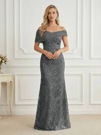 Mermaid Off Shoulder Short Sleeve Long Elegant Mother of the Bride Dresses with Sequin