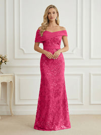 Mermaid Off Shoulder Short Sleeve Long Elegant Mother of the Bride Dresses with Sequin