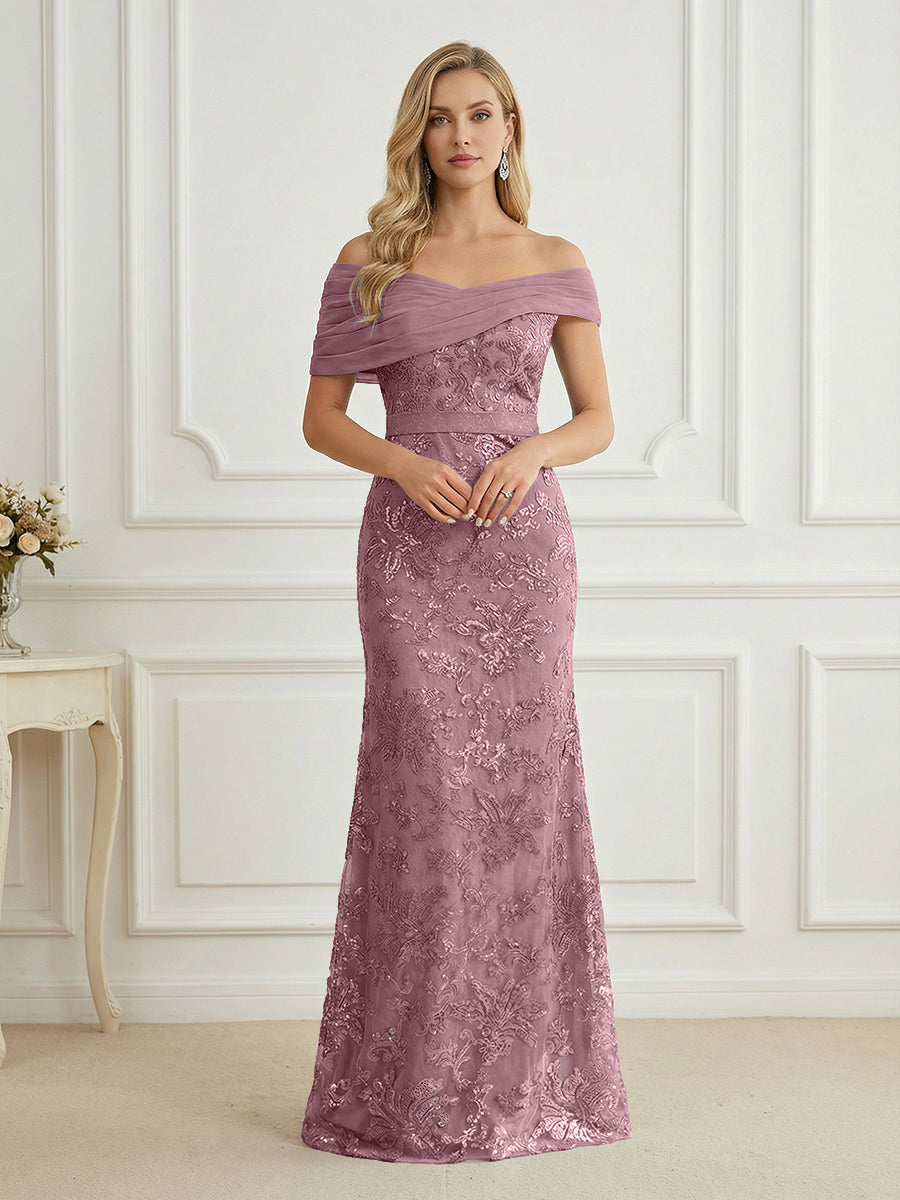 Mermaid Off Shoulder Short Sleeve Long Elegant Mother of the Bride Dresses with Sequin