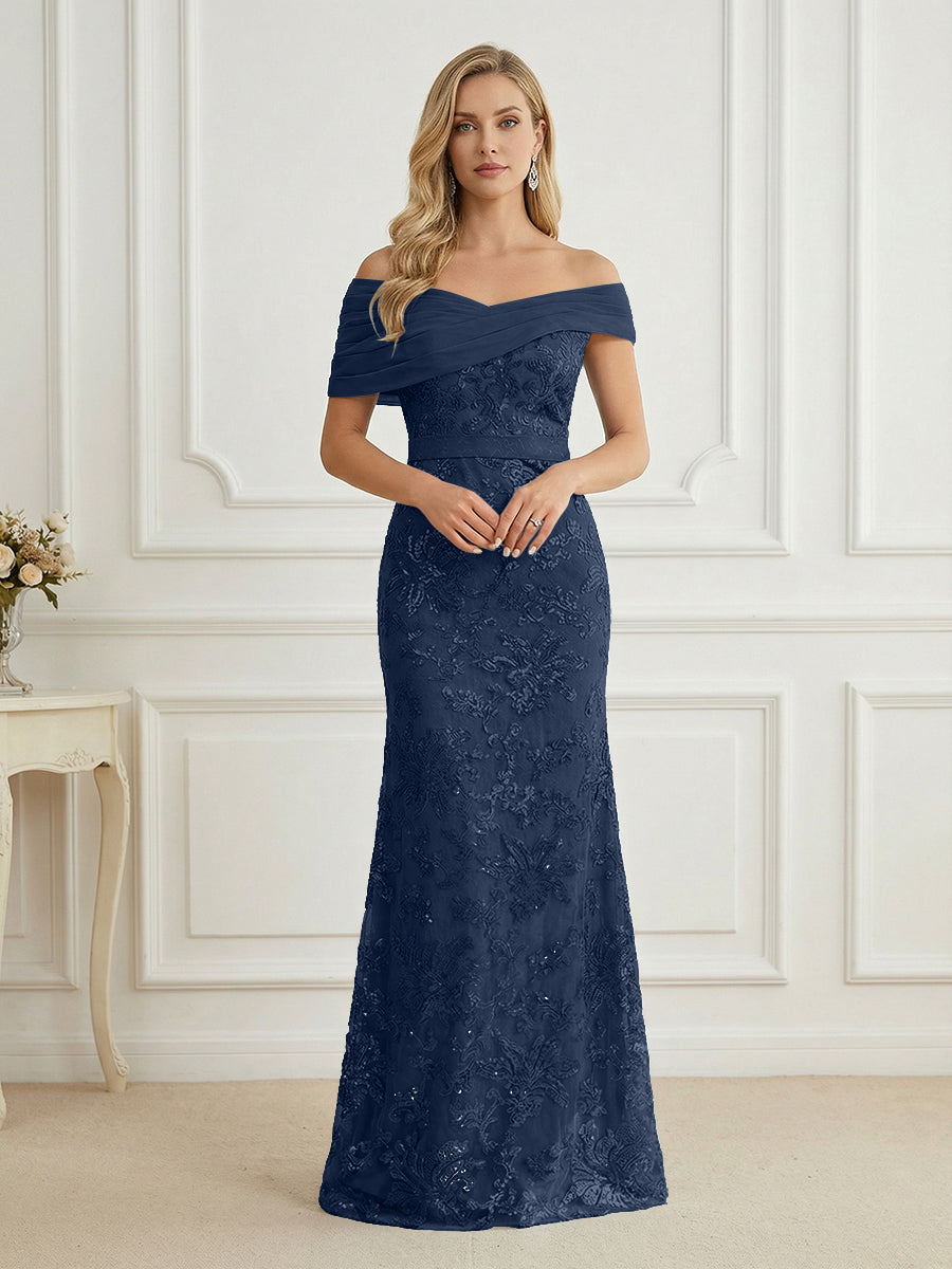 Mermaid Off Shoulder Short Sleeve Long Elegant Mother of the Bride Dresses with Sequin