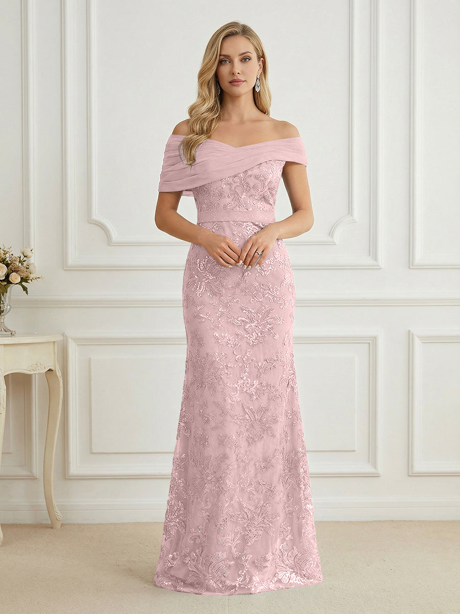 Mermaid Off Shoulder Short Sleeve Long Elegant Mother of the Bride Dresses with Sequin