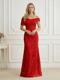 Mermaid Off Shoulder Short Sleeve Long Elegant Mother of the Bride Dresses with Sequin