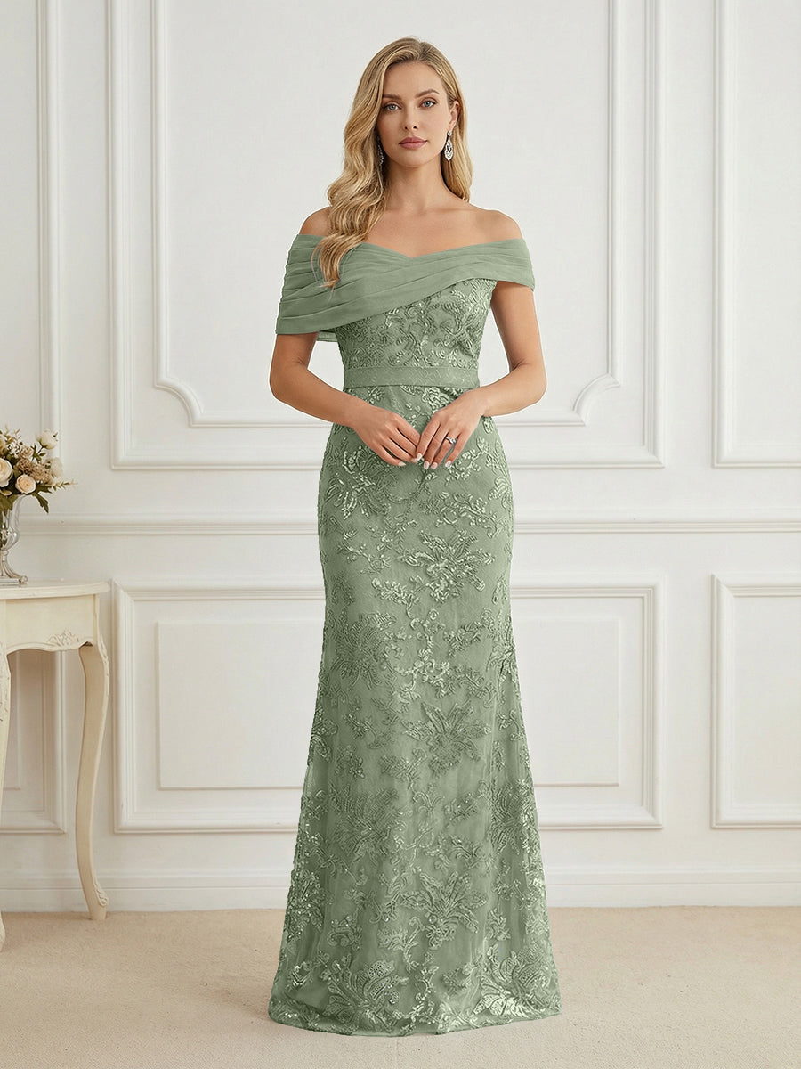 Mermaid Off Shoulder Short Sleeve Long Elegant Mother of the Bride Dresses with Sequin