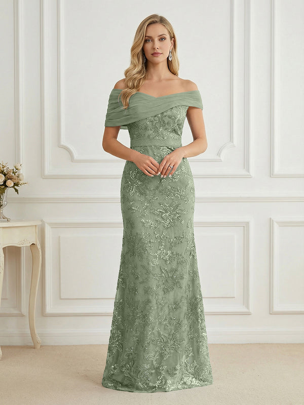 Mermaid Off Shoulder Short Sleeve Long Elegant Mother of the Bride Dresses with Sequin