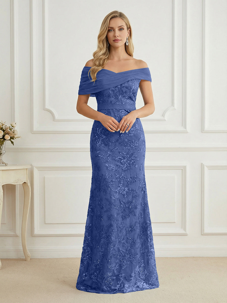Shirees Steel Blue Mermaid Off Shoulder Short Sleeve Long Elegant Mother of the Bride Dresses with Sequin 2026 Shirees Steel Blue Mermaid Off Shoulder Short Sleeve Long Elegant Mother of the Bride Dresses with Sequin 2026