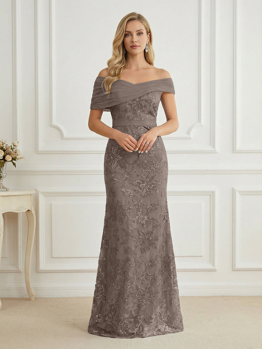 Shirees Rust Mermaid Off Shoulder Short Sleeve Long Elegant Mother of the Bride Dresses with Sequin 2026
