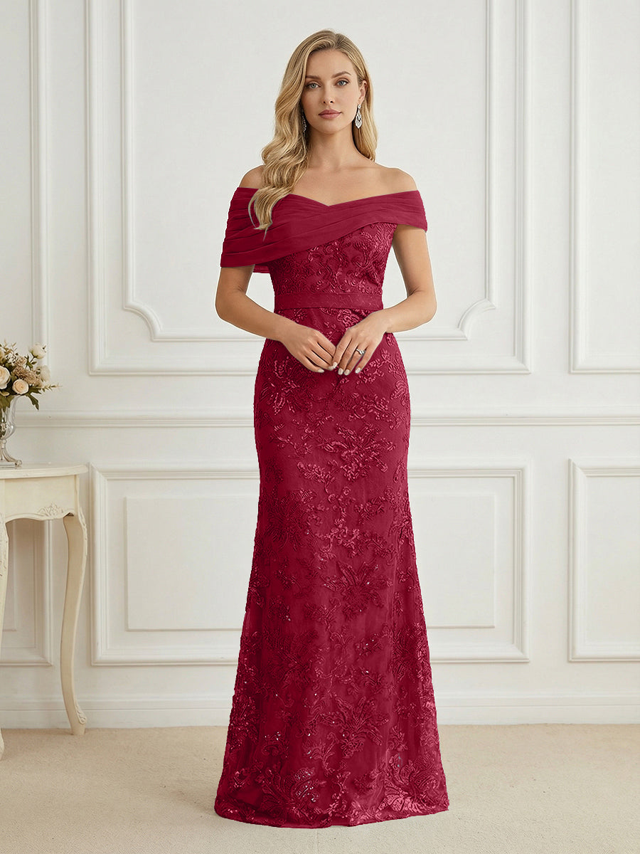 Mermaid Off Shoulder Short Sleeve Long Elegant Mother of the Bride Dresses with Sequin