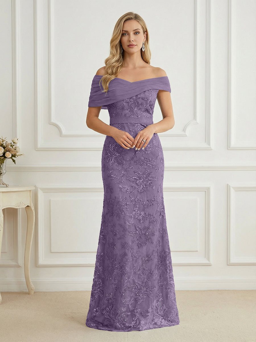 Mermaid Off Shoulder Short Sleeve Long Elegant Mother of the Bride Dresses with Sequin