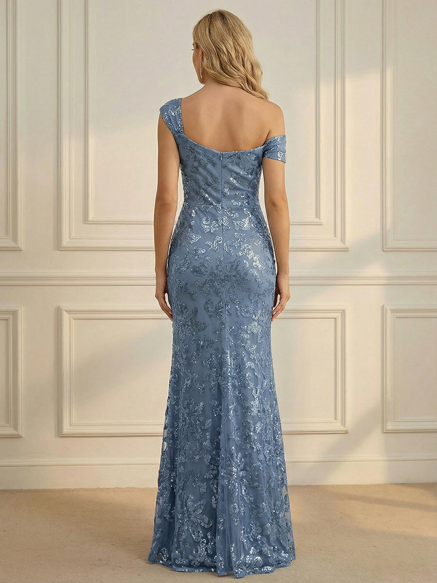 Asymmetrical Neck Mermaid Sleeveless Long Sequined Lace Mother of the Bride Dresses