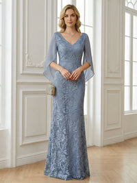 Mermaid Cape Sleeve Floor Length Mother of the Bride Dresses with Lace