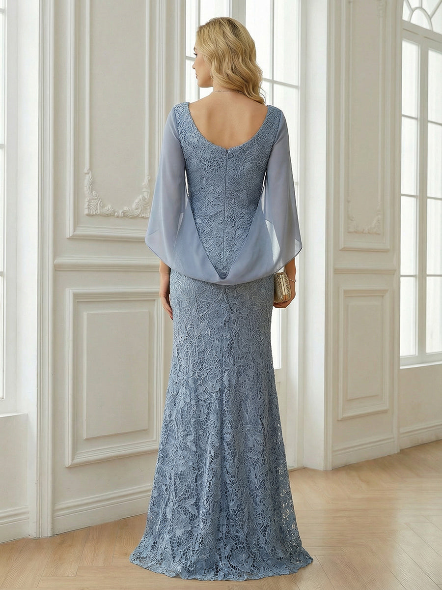 Mermaid Cape Sleeve Floor Length Mother of the Bride Dresses with Lace