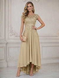 A Line Scoop Asymmetrical Pleated Mother of the Bride Dresses with Lace Appliques