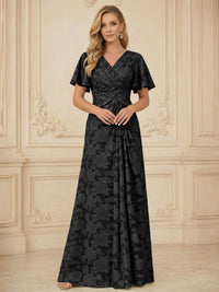 A Line V Neck Short Sleeve Floral Chiffon Ruched Mother of the Bride Dresses