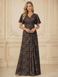 A Line V Neck Short Sleeve Floral Chiffon Ruched Mother of the Bride Dresses