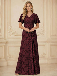A Line V Neck Short Sleeve Floral Chiffon Ruched Mother of the Bride Dresses