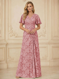 A Line V Neck Short Sleeve Floral Chiffon Ruched Mother of the Bride Dresses