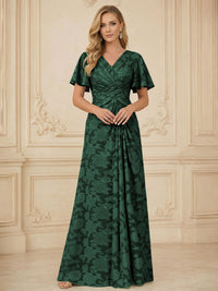 A Line V Neck Short Sleeve Floral Chiffon Ruched Mother of the Bride Dresses