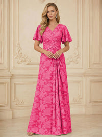 A Line V Neck Short Sleeve Floral Chiffon Ruched Mother of the Bride Dresses