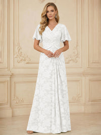 A Line V Neck Short Sleeve Floral Chiffon Ruched Mother of the Bride Dresses