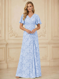 A Line V Neck Short Sleeve Floral Chiffon Ruched Mother of the Bride Dresses
