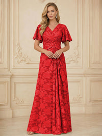 A Line V Neck Short Sleeve Floral Chiffon Ruched Mother of the Bride Dresses