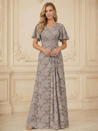 A Line V Neck Short Sleeve Floral Chiffon Ruched Mother of the Bride Dresses