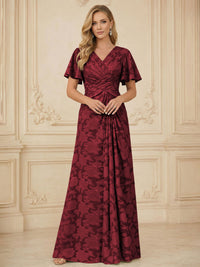 A Line V Neck Short Sleeve Floral Chiffon Ruched Mother of the Bride Dresses