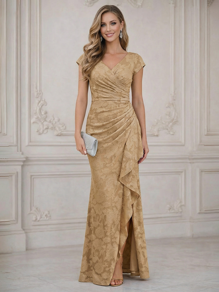 Mermaid Short Sleeve Floor Length Ruffled Mother of the Bride Dresses with Split Side