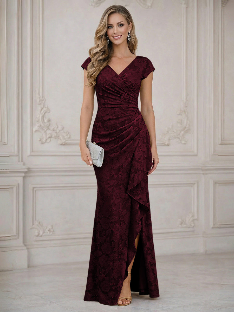 Mermaid Short Sleeve Floor Length Ruffled Mother of the Bride Dresses with Split Side