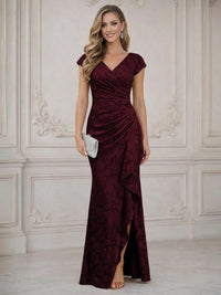 Mermaid Short Sleeve Floor Length Ruffled Mother of the Bride Dresses with Split Side