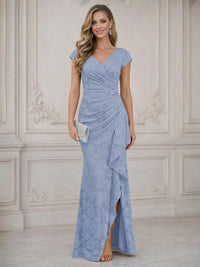 Mermaid Short Sleeve Floor Length Ruffled Mother of the Bride Dresses with Split Side