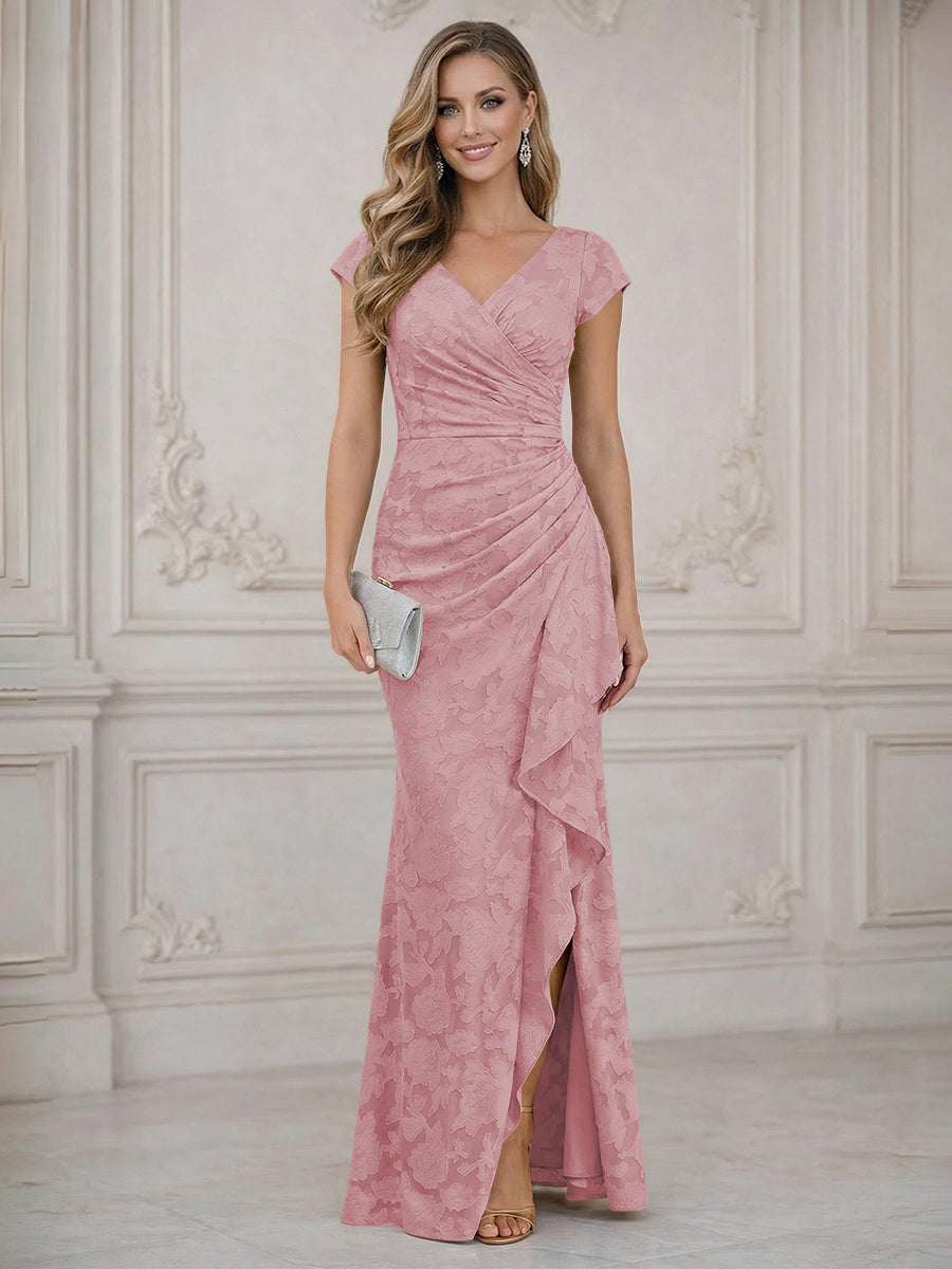 Mermaid Short Sleeve Floor Length Ruffled Mother of the Bride Dresses with Split Side