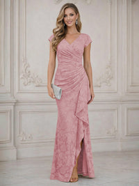 Mermaid Short Sleeve Floor Length Ruffled Mother of the Bride Dresses with Split Side