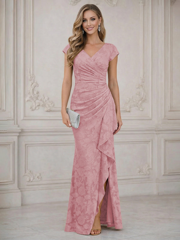 Mermaid Short Sleeve Floor Length Ruffled Mother of the Bride Dresses with Split Side