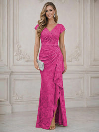 Mermaid Short Sleeve Floor Length Ruffled Mother of the Bride Dresses with Split Side