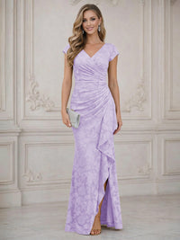 Mermaid Short Sleeve Floor Length Ruffled Mother of the Bride Dresses with Split Side