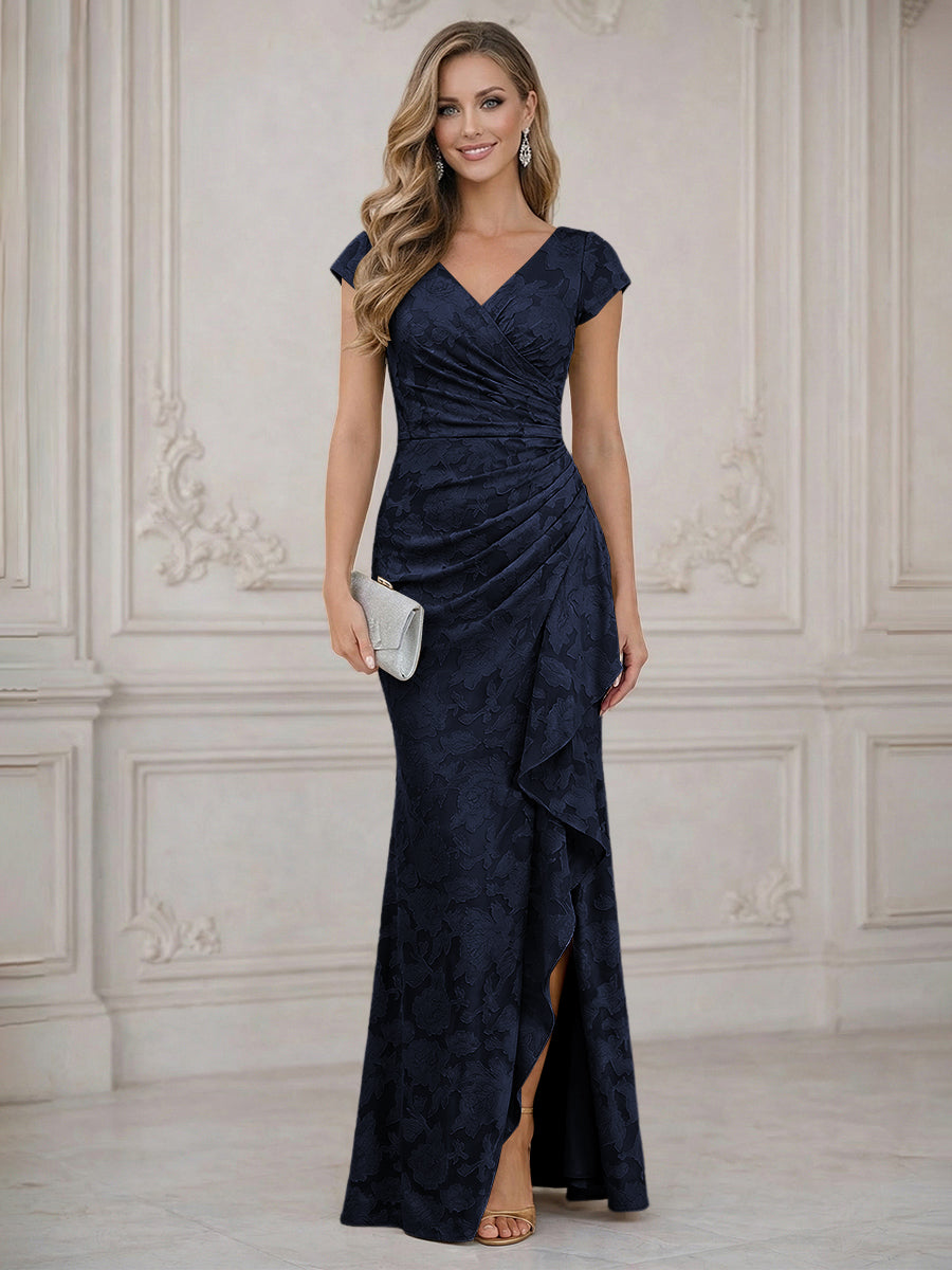 Mermaid Short Sleeve Floor Length Ruffled Mother of the Bride Dresses with Split Side