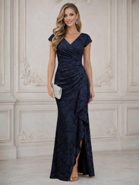 Mermaid Short Sleeve Floor Length Ruffled Mother of the Bride Dresses with Split Side