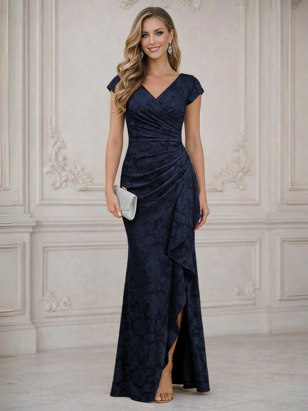 Mermaid Short Sleeve Floor Length Ruffled Mother of the Bride Dresses with Split Side