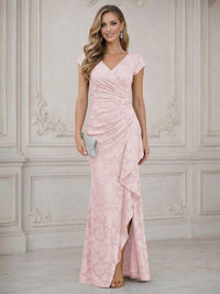 Mermaid Short Sleeve Floor Length Ruffled Mother of the Bride Dresses with Split Side